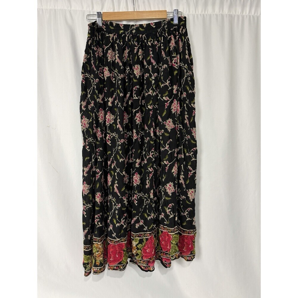 90s Rhythm Blue Floral Maxi Skirt Womens MSz M Black Crinkle Bohemian Folk